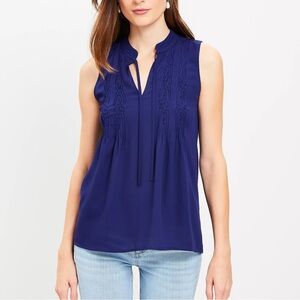 LOFT Navy Detailed Stitching V-Neck with Tie-Front Blouse